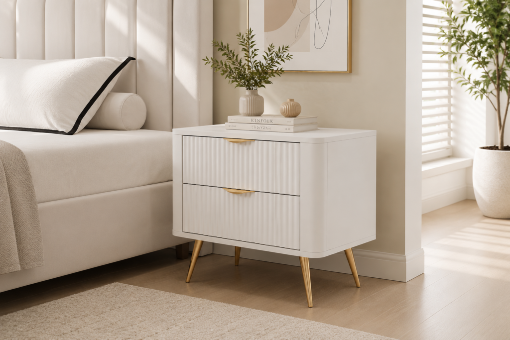White Fluted 2 Drawer Bedside Table with Gold Handles