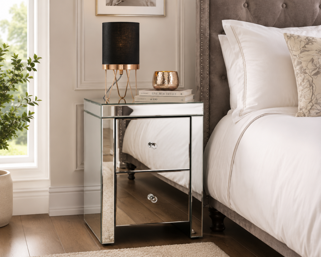 Mirrored 3 Drawer Bedside Table with Crystal Knobs