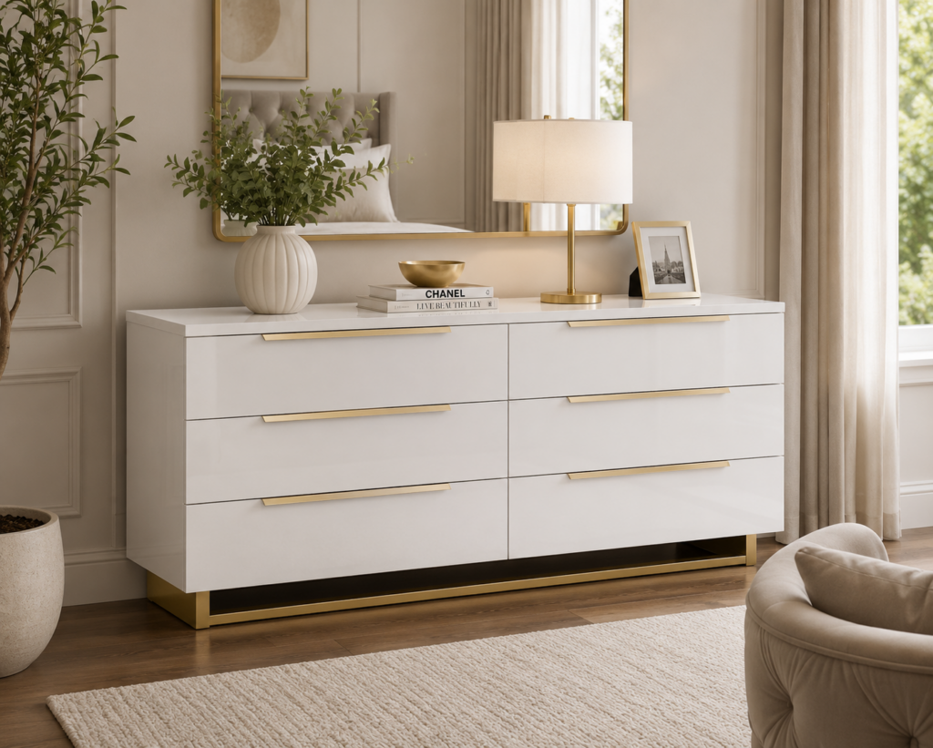 White Gloss 6 Drawer Double Dresser