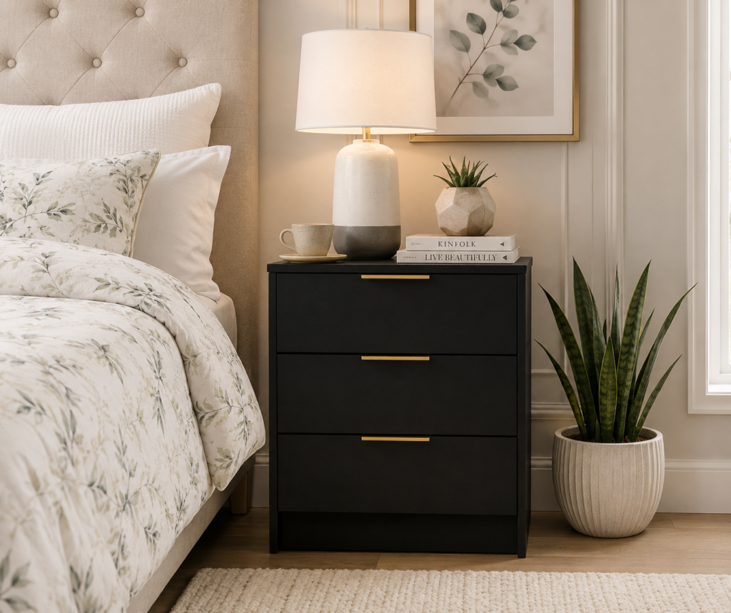 Black 3 Drawer Bedside Cabinet with Gold Handles