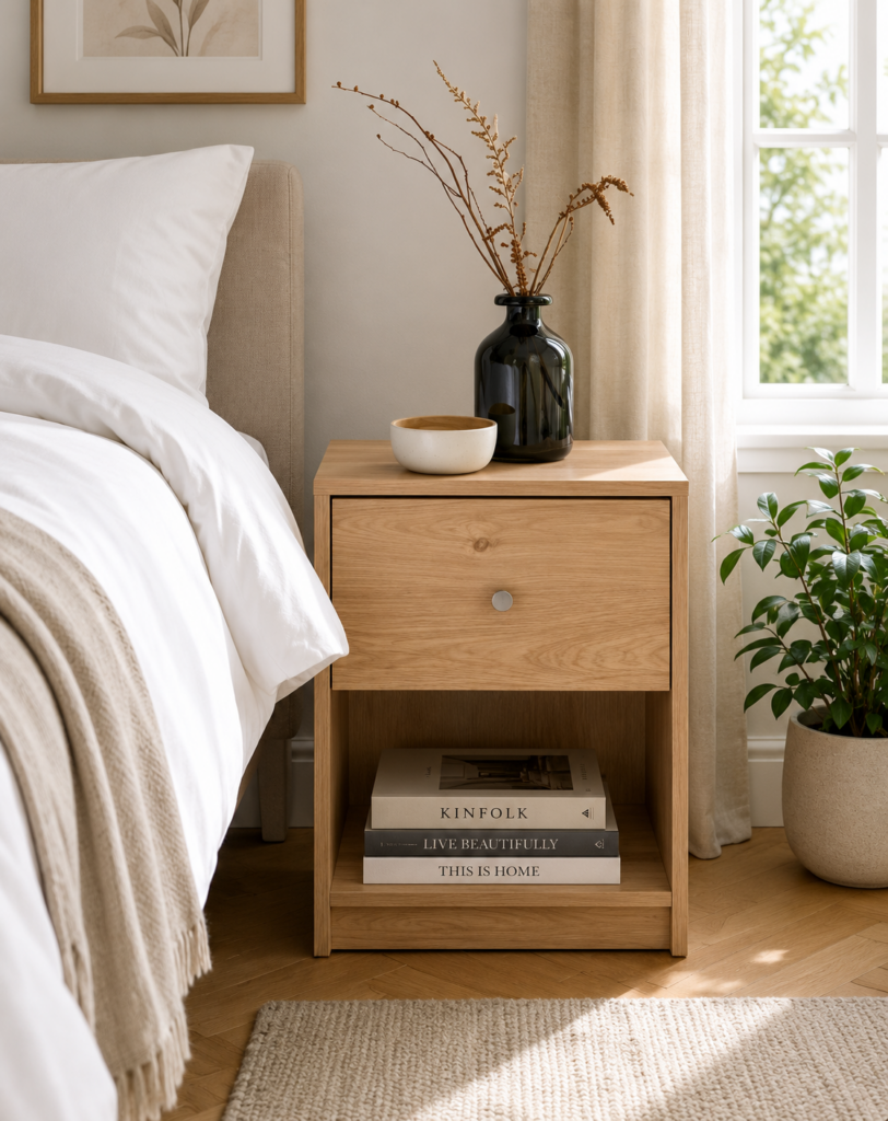 Oak Effect 1 Drawer Bedside Table with Open Shelf